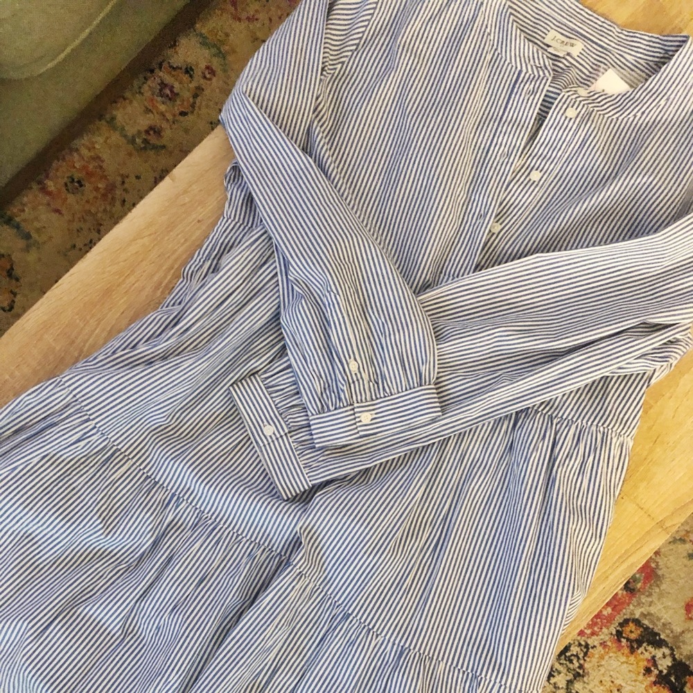 NWT J. Crew long sleeve blue and white striped tiered dress